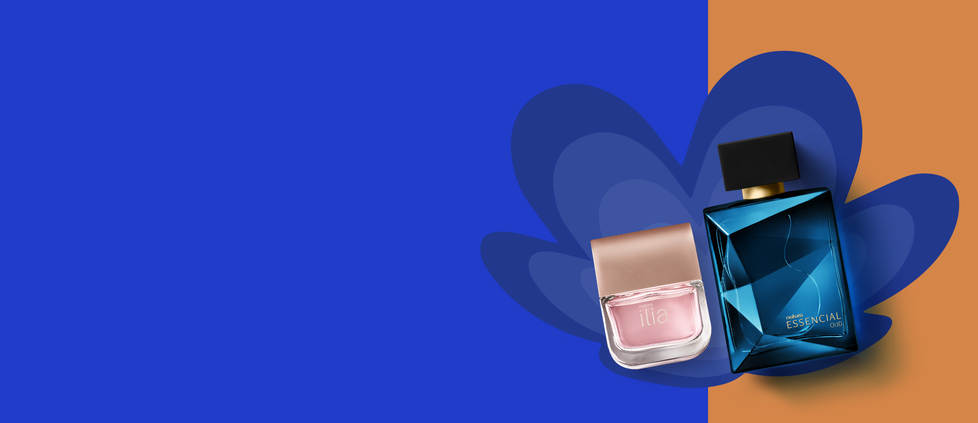 Vídeo com fundo estático em laranja e azul e com a flor símbolo da Natura em tons de azul. O vídeo apresenta uma sequência de frascos de produtos masculinos e femininos da Perfumaria Natura e itens diversos para cuidado corporal, como creme desodorante hidratante.