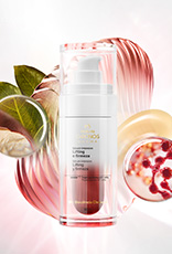 Novo Sérum Intensivo Lifting e Firmeza em destaque no centro da tela sobre ativos e ingredientes da exclusiva tecnologia Natura Chronos Derma em fundo iluminado com tons de branco e rosa claro.