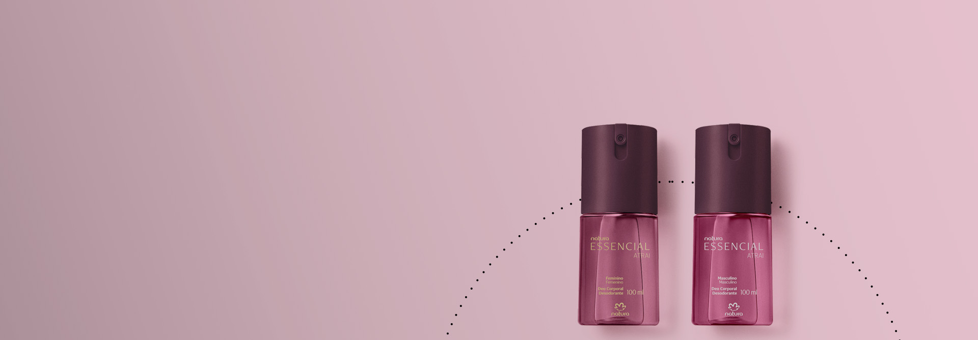 Desodorante Corporal Spray Essencial Atrai Feminino e Masculino aparecem em destaque no canto direito da tela sobre pontilhados que formam um arco em fundo rosado.