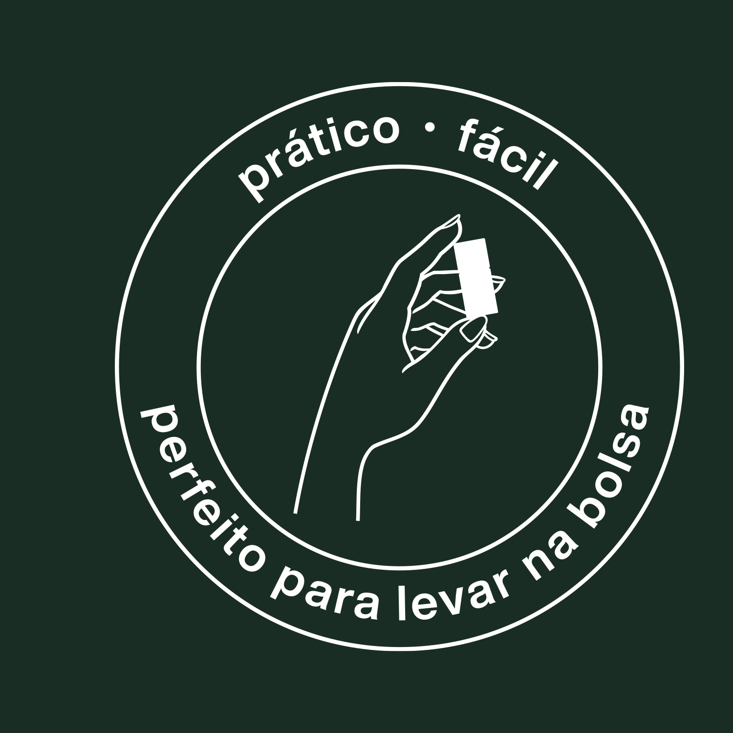 Fundo verde com selo redondo escrito prático, fácil perfeito para levar na bolsa. Ao centro há a ilustração de uma mão segurando o Sabonete Monodose para as Mãos Ekos Castanha.