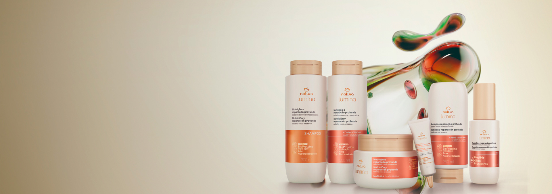 Fundo claro com linha Natura Lumina Nutrição e Reparação Profunda à esquerda e partícula que destaca tecnologia do produto.