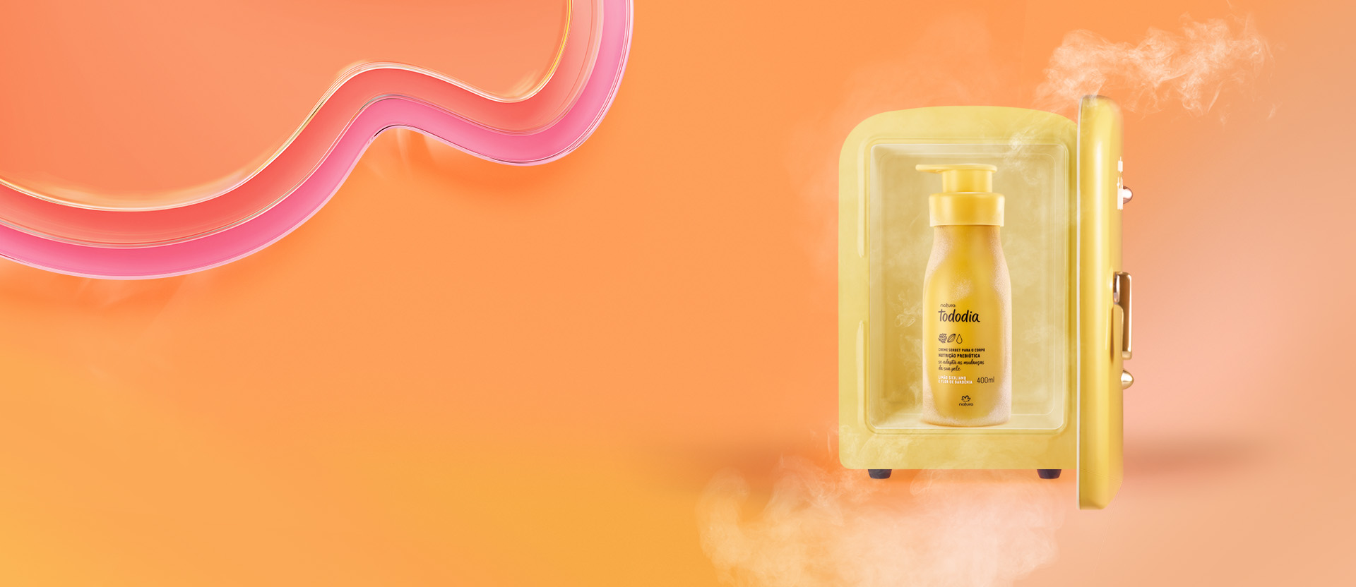 Imagem com fundo laranja degradê, com acrílicos nas cores rosa e laranja nas bordas. Em destaque está o creme sorbet de Tododia Limão Siciliano e Flor de Gardênia dentro de uma mini geladeira amarela.