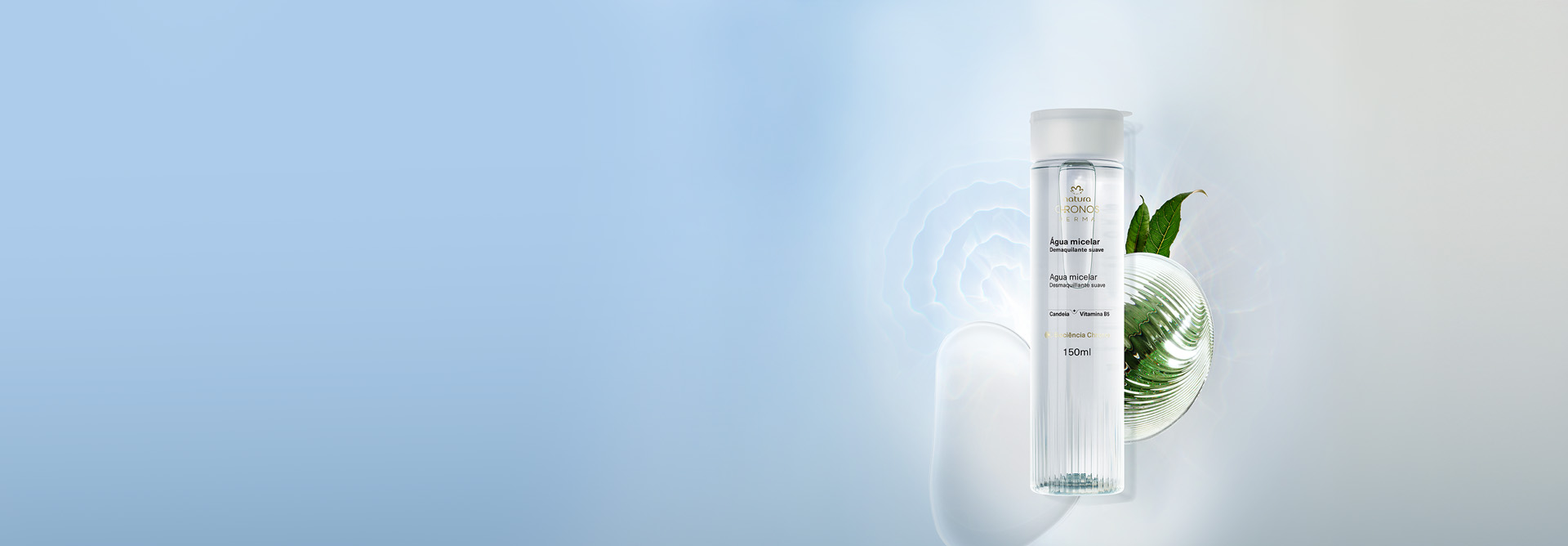 Produtos Natura Chronos com pontos de luz, em fundo em tons de azul.