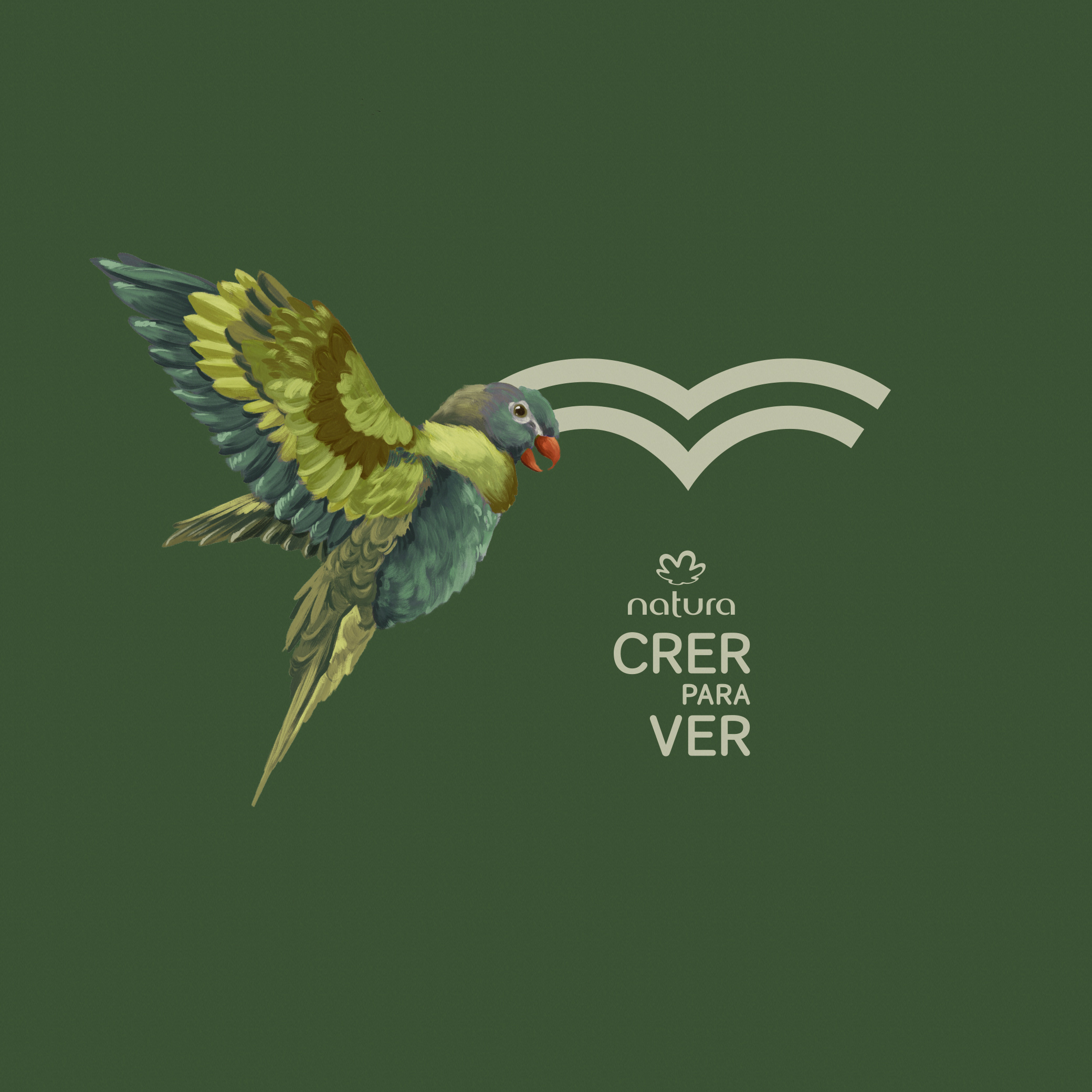Fundo verde escuro com ilustração de um pássaro verde com a marca Natura Crer Para Ver em destaque ao lado. 