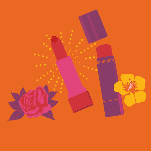 Ilustração de batons e flores em fundo laranja.