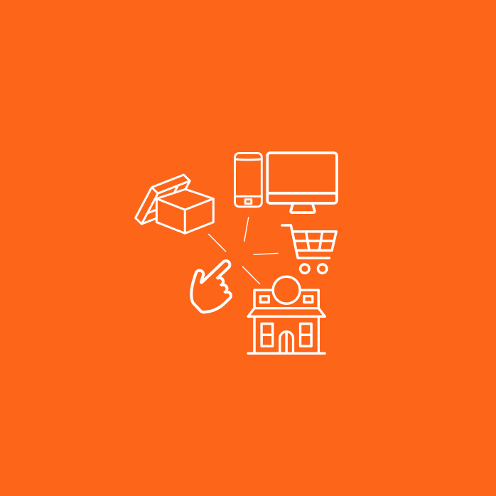 Fundo laranja com desenho de mão clicando no centro. Linhas conectam o clique a uma caixa aberta; um celular; um computador; um carrinho de compras e uma loja. Todos os desenhos têm cor branca.