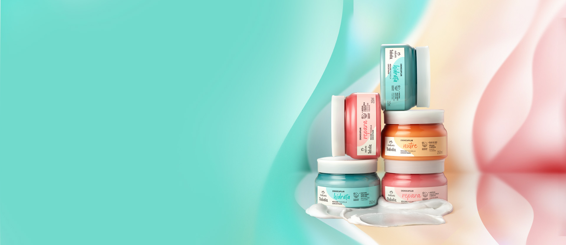 Potes da Máscara Concentrada Tododia Cronocapilar, destacando a variedade de fragrâncias e benefícios da linha.