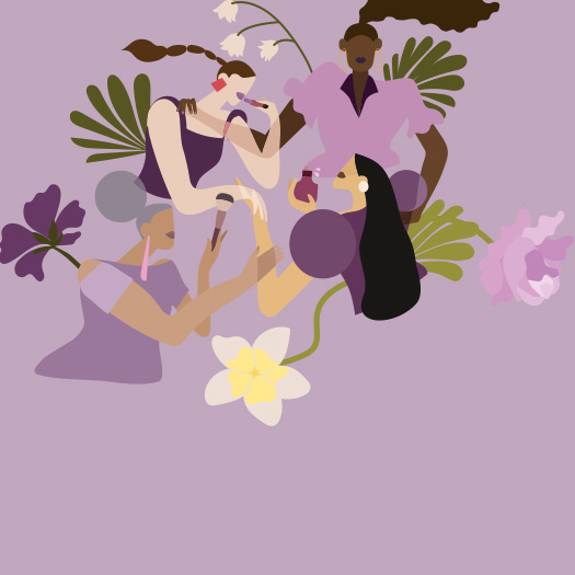  Ilustração de folhas e flores com 4 mulheres de diferentes tons de pele, em fundo lilás.