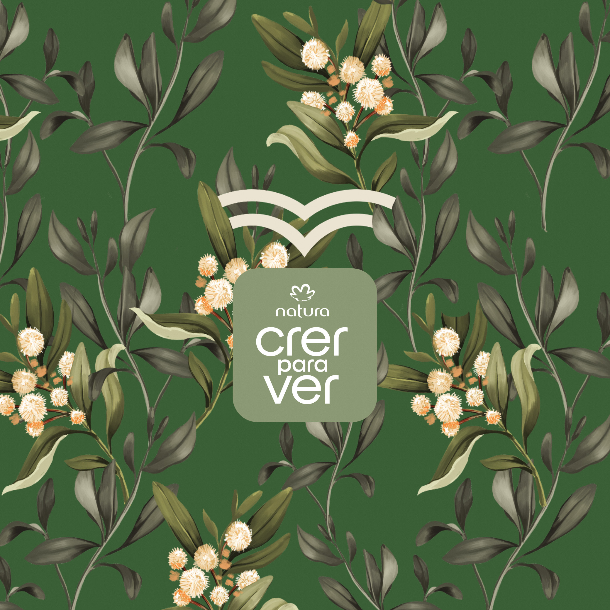 Ilustração de folhas e flores brancas sobre fundo verde escuro com a marca Natura Crer Para Ver no centro. 
