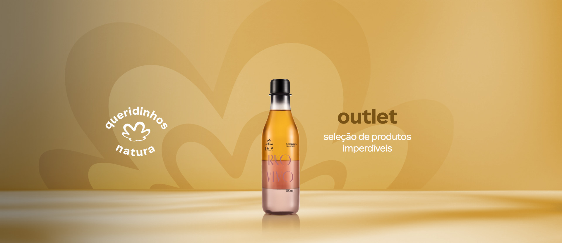Óleo Trifásico Desodorante Corporal Ekos Ryo Vivo em fundo amarelo com flor símbolo da Natura em marca d’água. Contém o texto: queridinhos Natura, outlet seleção de produtos imperdíveis.