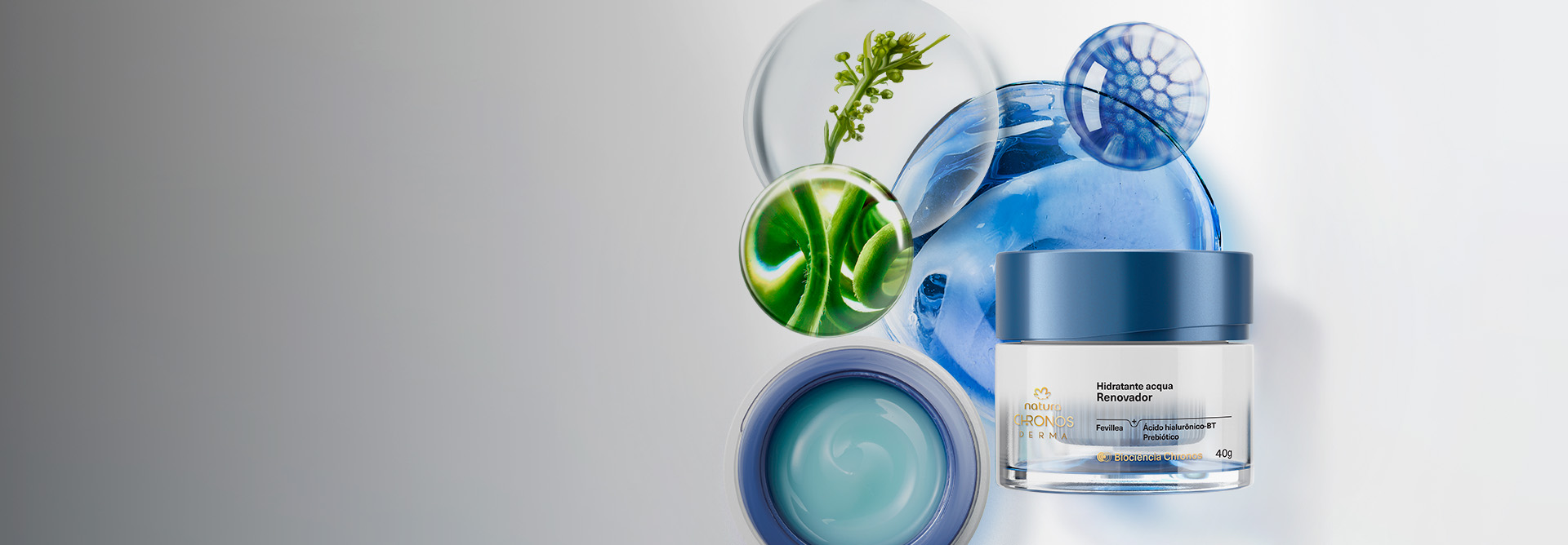 Hidratante Acqua Renovador Chronos Derma e refil com elementos orgânicos com ingredientes, em fundo branco.