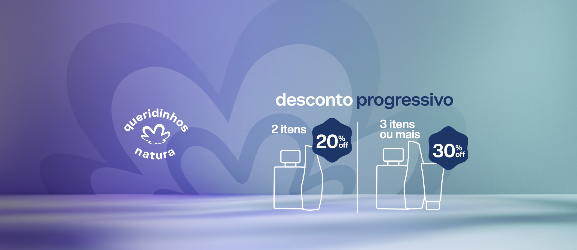Selo Queridinhos Natura sobre flor Natura em tons de azul e verde. Ao lado, ilustrações de silhuetas de produtos e o texto: Desconto progressivo 2 itens com 20% OFF, 3 itens ou mais com 30% OFF.