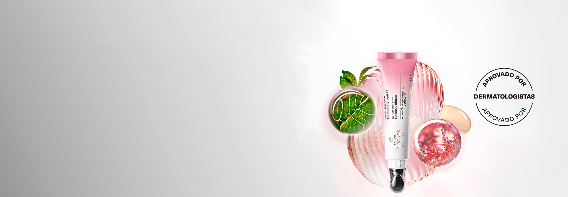 Sérum Intensivo para Bolsas e Olheiras Chronos, em bisnaga rosa e branco e tampa metálica, sobre ativos da fórmula e um pouco da textura do produto. À direita, selo "aprovado por dermatologistas".
