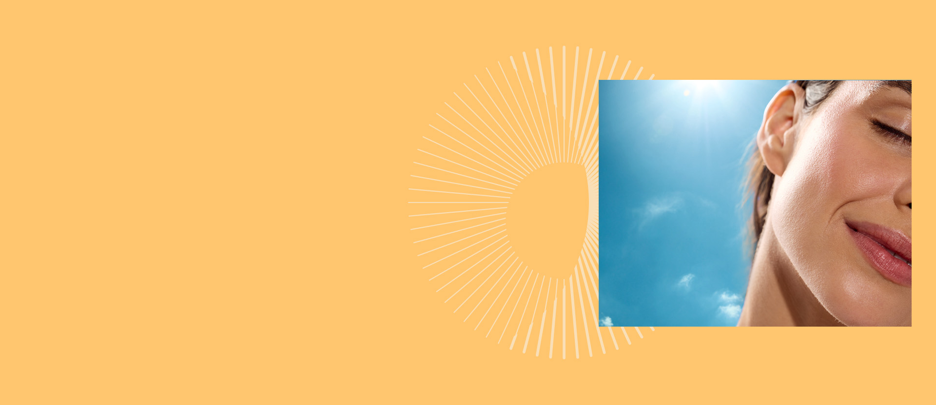 Detalhe de rosto de mulher branca em fundo de céu azul, em moldura amarela com elementos gráficos.