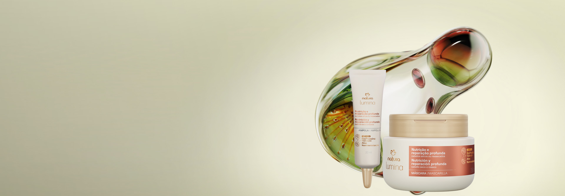 Ampola e Máscara Natura Lumina Nutrição e Reparação Profunda para cabelos secos e ressecados, com frascos em tons de branco e dourado, sobre ativos da tecnologia BioProteína tripla ação em fundo bege.