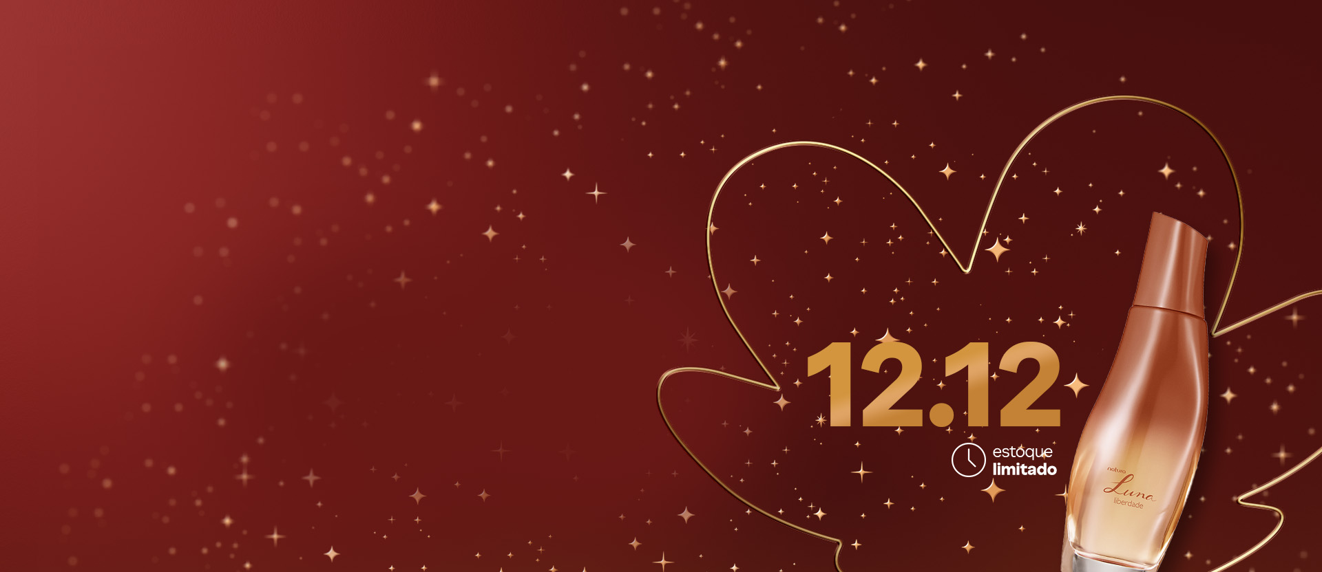 "Desodorante Colônia Luna Liberdade. O produto está sobre um fundo vermelho-escuro com a flor símbolo da Natura e a data ""12.12"" em destaque. "