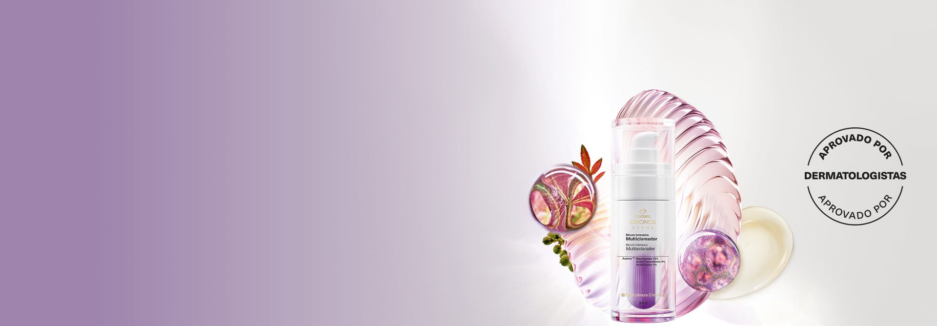 Produto Natura Chronos Derma com elementos orgânicos e ingredientes em fundo com tons de lilás. Ao lado, o selo: “Aprovado por dermatologistas”.