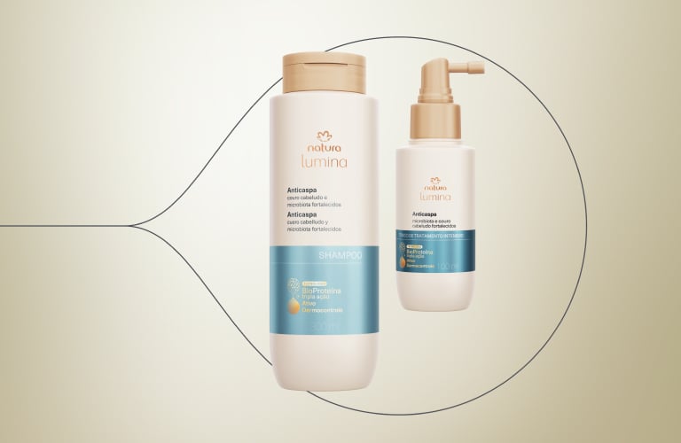 Dois produtos do Kit Lumina Anticaspa lado a lado: shampoo reequilibrante anticaspa e tônico de tratamento intensivo