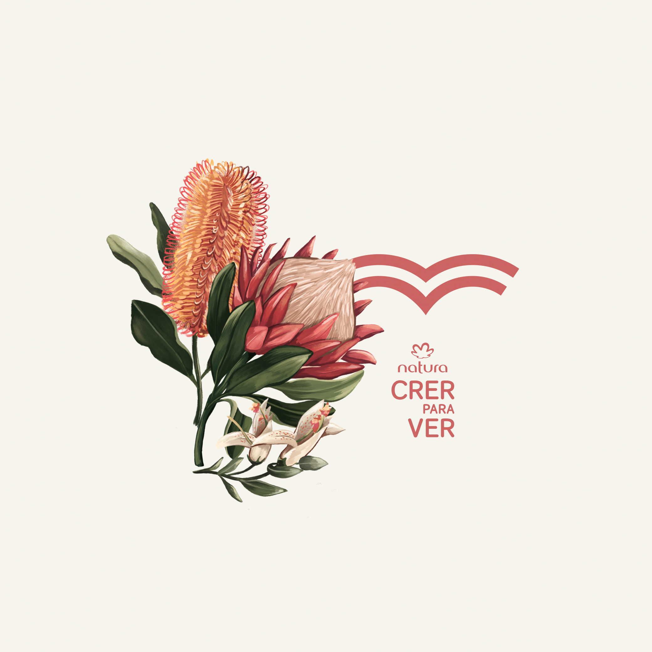 Marca Natura Crer Para Ver em fundo bege ao lado de ilustração de folhas e flores em tons de vermelho e laranja.