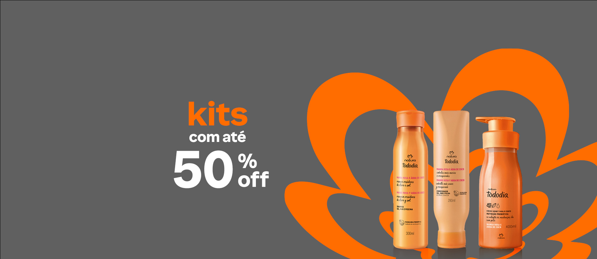Três produtos Tododia Manga Rosa e Água de Coco em tons alaranjados: shampoo, condicionador e creme corporal. Fundo cinza com flor símbolo da Natura em laranja. Texto aplicado: Kits com até 50% OFF.