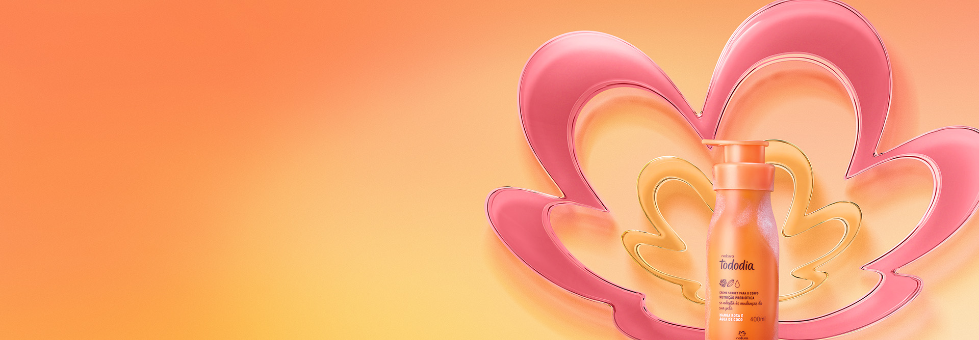 Frasco pump laranja do Creme Desodorante Nutritivo Tododia Manga Rosa e Água de Coco com fina camada de gelo. Ele está sobre fundo degradê laranja com a flor símbolo da Natura em rosa e laranja.