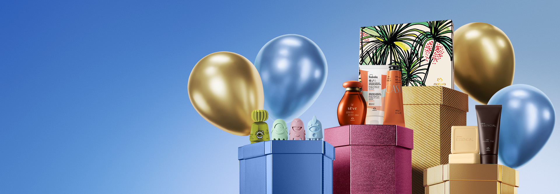 Três frascos de produtos das linhas Sève, Tododia e Ekos sobre caixas de presente e balões nas cores dourado e lilás. Fundo em degradê roxo e branco.