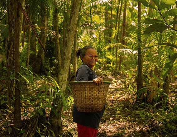 Mulher indígena usa óculos e cabelos presos, segura uma cesta ao lado do corpo e veste camiseta cinza e calça vermelha. Ela está em ambiente de floresta com árvores e plantas tropicais.