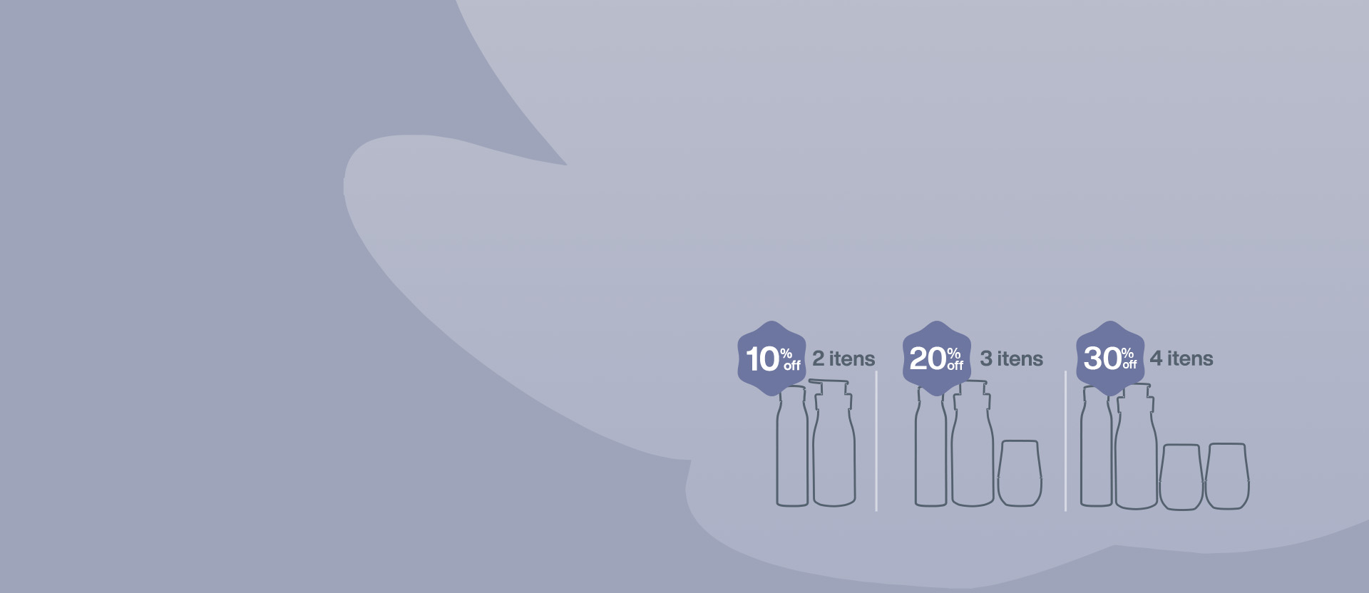 Em fundo azul, com a silhueta da rosácea Natura em azul-claro, temos ilustrações de produtos Natura com o texto: 10% OFF em 2 itens, 20% OFF em 3 itens, 30% OFF em 4 itens.