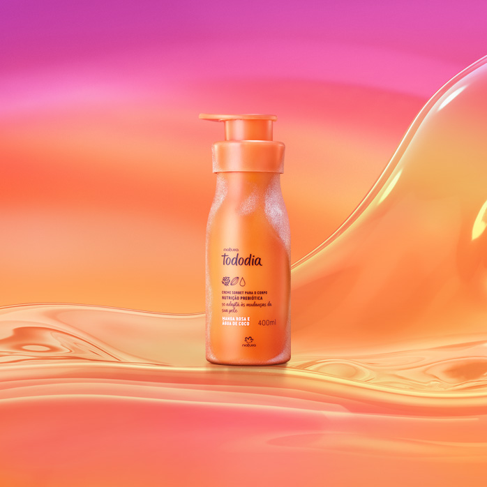 Embalagem congelada com válvula pump laranja de Creme Sorbet para o Corpo Tododia Manga Rosa e Água de Coco sobre grafismo e fundo em laranja com rosa.