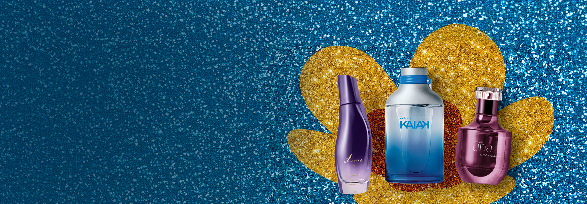 3 frascos de fragrância: 1 roxo de Luna Nuit, 1 azul de Kaiak e 1 roxo de Una Artisan. Produtos sobre fundo em glitter azul com a flor símbolo da Natura aplicada em glitter amarelo e laranja.