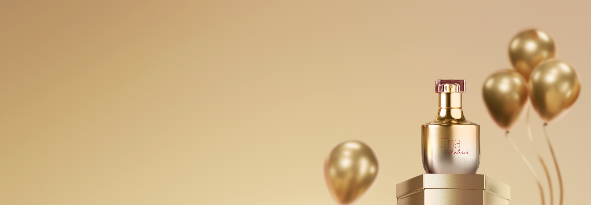 Deo Parfum Una Celebrar Feminino, frasco dourado e prateado com detalhes em vermelho, sobre caixa de presente dourada. Fundo dourado com balões na mesma cor.