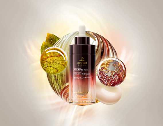Super Sérum Redutor de Rugas Chronos Derma aparece no centro da tela sobre imagens de ativos e texturas do produto em fundo claro com tons de bege e dourado.
