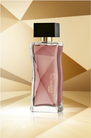 Frasco de Essencial Elixir Feminino, em tons de rosê e tampa preta, aparece em destaque no centro da tela sobre fundo multifacetado dourado, fazendo alusão ao design do frasco de Essencial.