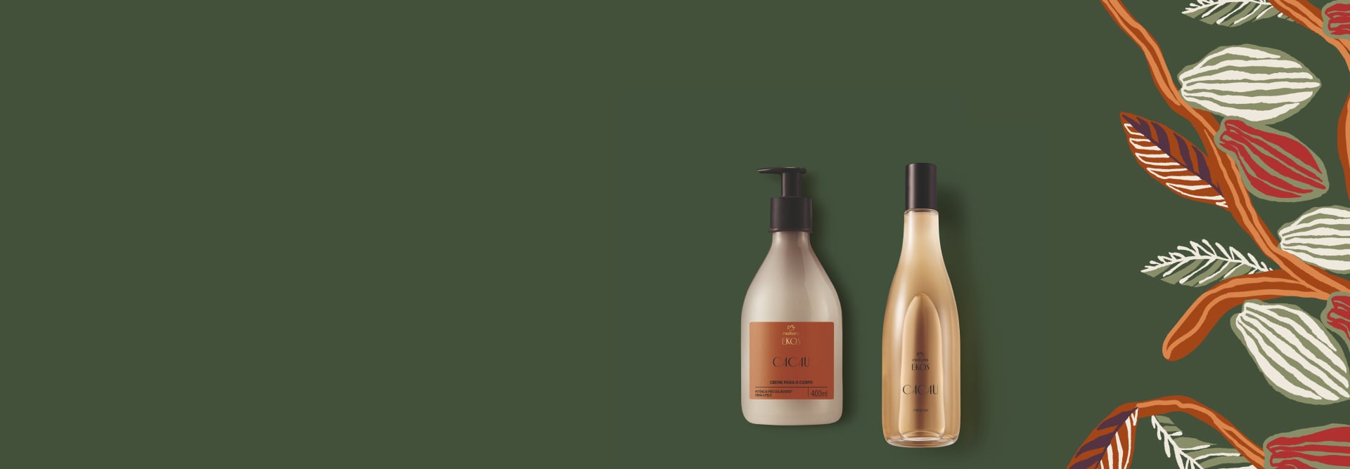 Embalagem com válvula pump de Creme para o Corpo Ekos Cacau e frasco de Desodorante Colônia Ekos Frescor Cacau Feminino, lado a lado, sobre fundo verde com ilustrações de cacau.