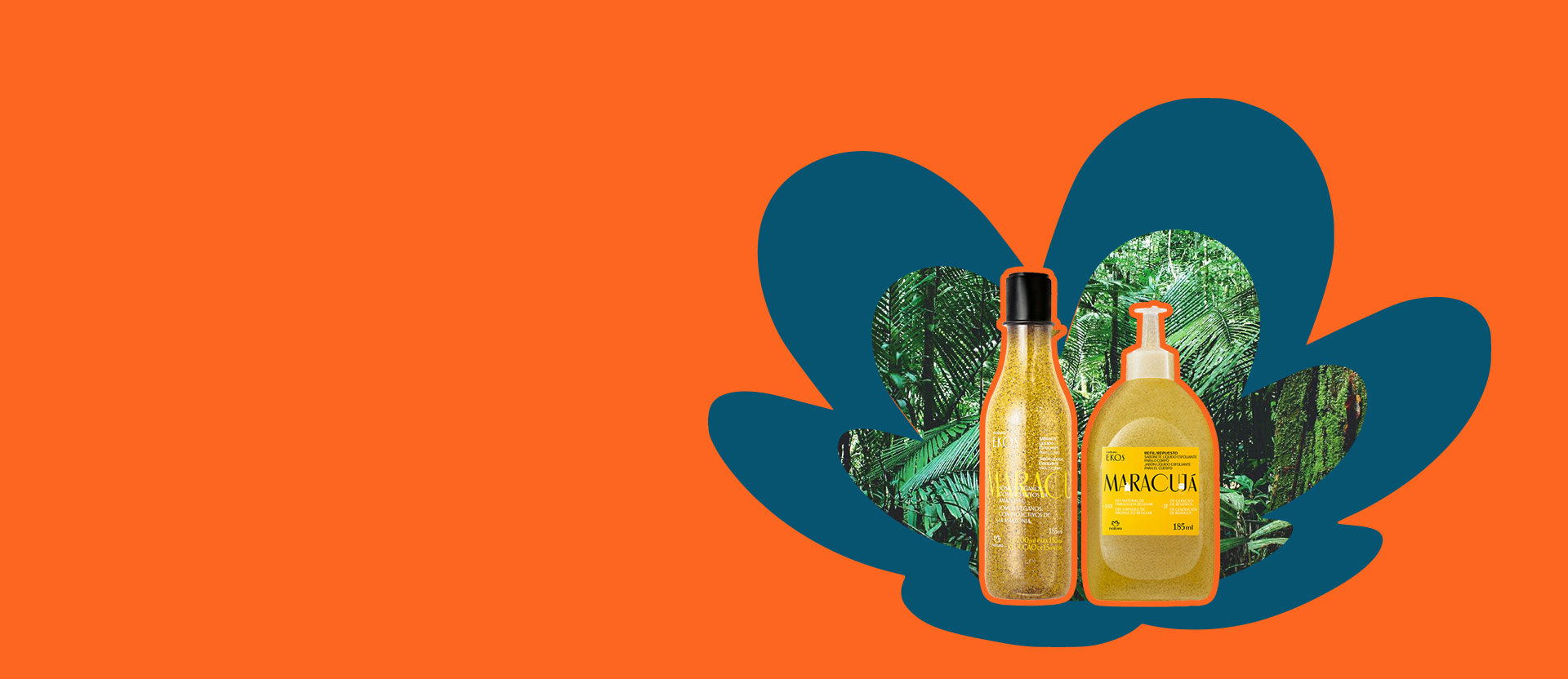 Frasco do Sabonete Líquido Esfoliante Ekos Maracujá e sua embalagem refil com o texto: "Desconto sustentável. Aproveite 15% de desconto em Kaiak, Ekos e Refis e use o cupom SUSTENTA15".