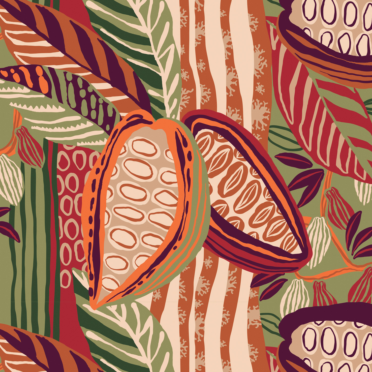Ilustração de frutos de cacau nas cores verde, marrom, branco e laranja. As cores quentes e tons amadeirados ressaltam a cremosidade e intensidade da fragrância.