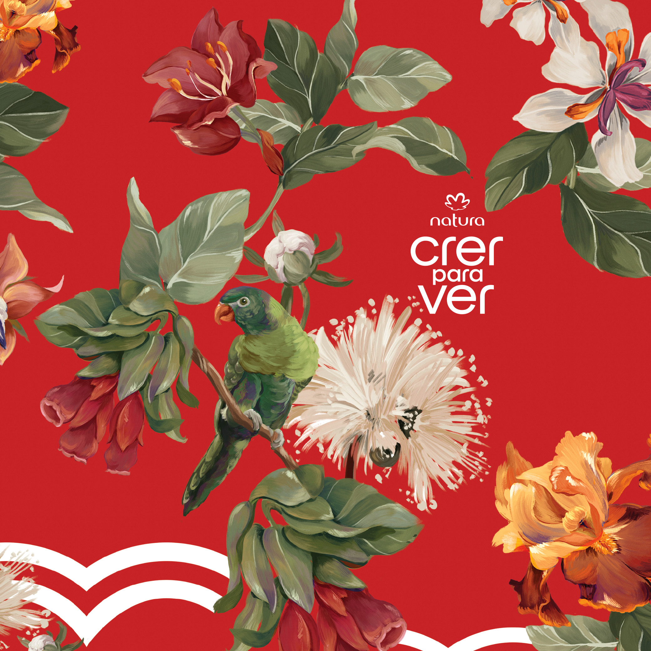 Fundo vermelho vivo com estampa de flores variadas, folhas e pássaros. Ilustração em tons de vermelho, laranja, verde e branco. Marca Natura Crer Para Ver à direita na imagem. 