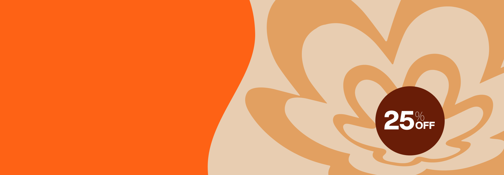 Selos animados com as mensagens de 25% OFF em destaque no canto direito da imagem. Ao fundo, rosácea da Natura em tons de laranja-claro e bege e ondas em tom de laranja.
