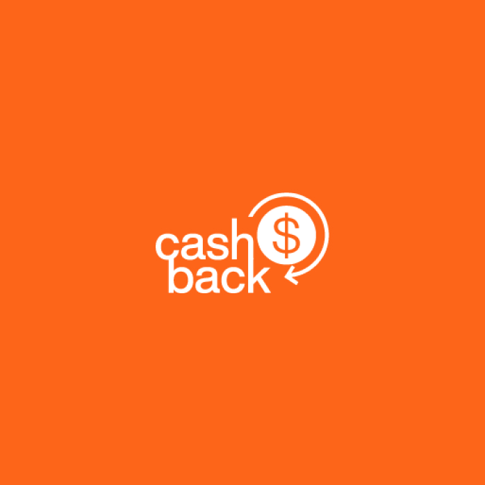 Fundo laranja com desenho de moeda com cifrão e texto cashback em letras brancas. Uma seta, na mesma cor parte da palavra, faz curva ao redor da moeda e retorna para a palavra. 