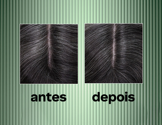Duas imagens lado a lado mostrando o topo da cabeça e a risca do cabelo escuro. A imagem da esquerda, marcada como 'antes', mostra vários fios de cabelo grisalho na raiz. A imagem da direita, marcada como 'depois', mostra a mesma área com a cor do cabelo mais uniforme e com menos fios grisalhos aparentes.