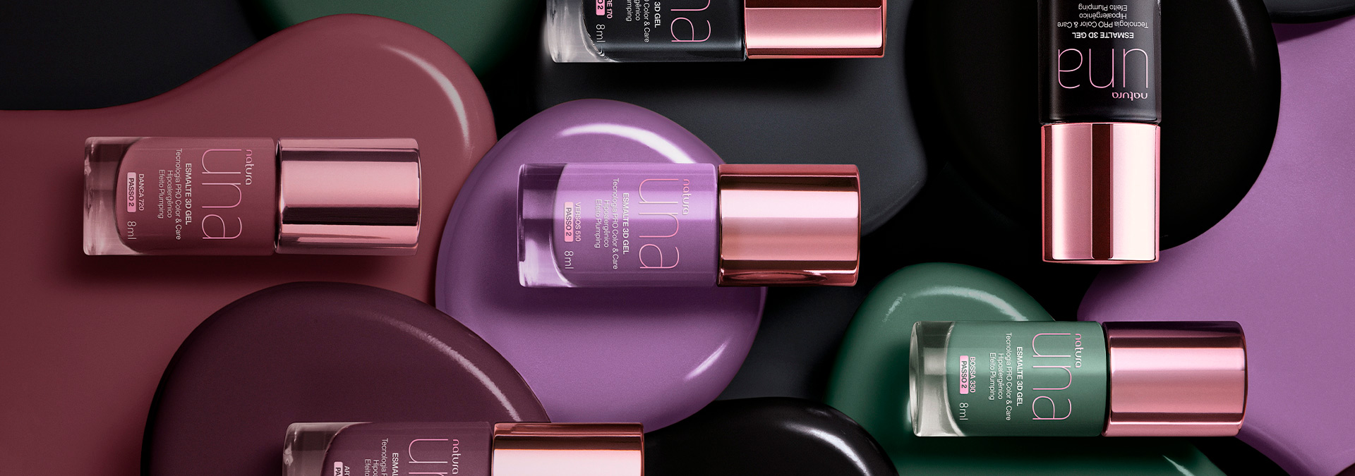 Imagem colorida com muitos esmaltes de Natura Una com diferentes cores e texturas.