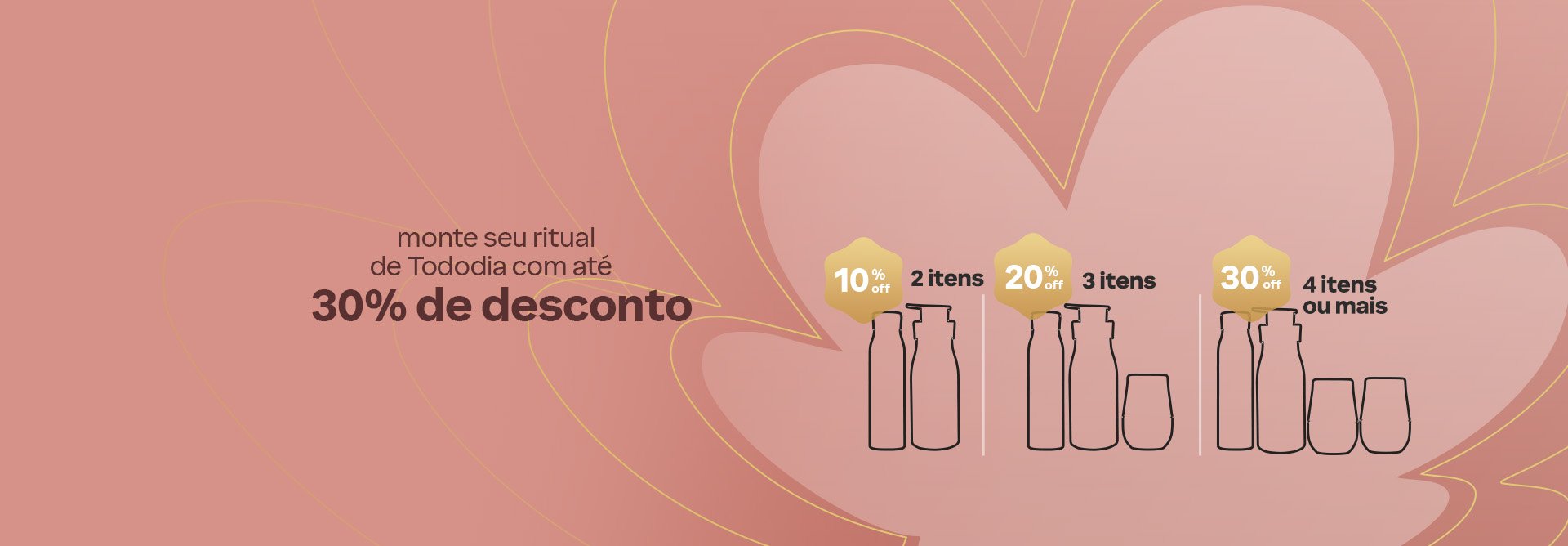 Silhuetas dos produtos Natura centralizadas na flor da marca Natura em tons de rosa, com as condições de desconto progressivo.