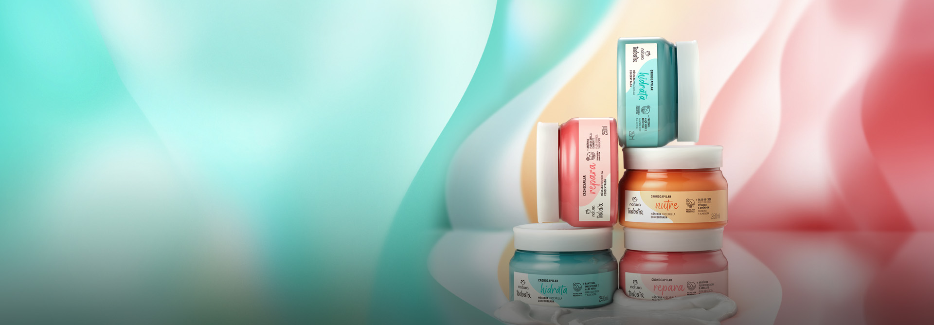 Potes da Máscara Concentrada Tododia Cronocapilar, destacando a variedade de fragrâncias e benefícios da linha.