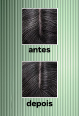 Duas imagens lado a lado mostrando o topo da cabeça e a risca do cabelo escuro. A imagem da esquerda, marcada como 'antes', mostra vários fios de cabelo grisalho na raiz. A imagem da direita, marcada como 'depois', mostra a mesma área com a cor do cabelo mais uniforme e com menos fios grisalhos aparentes.
