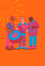  Ilustração de trio de forró em fundo laranja.