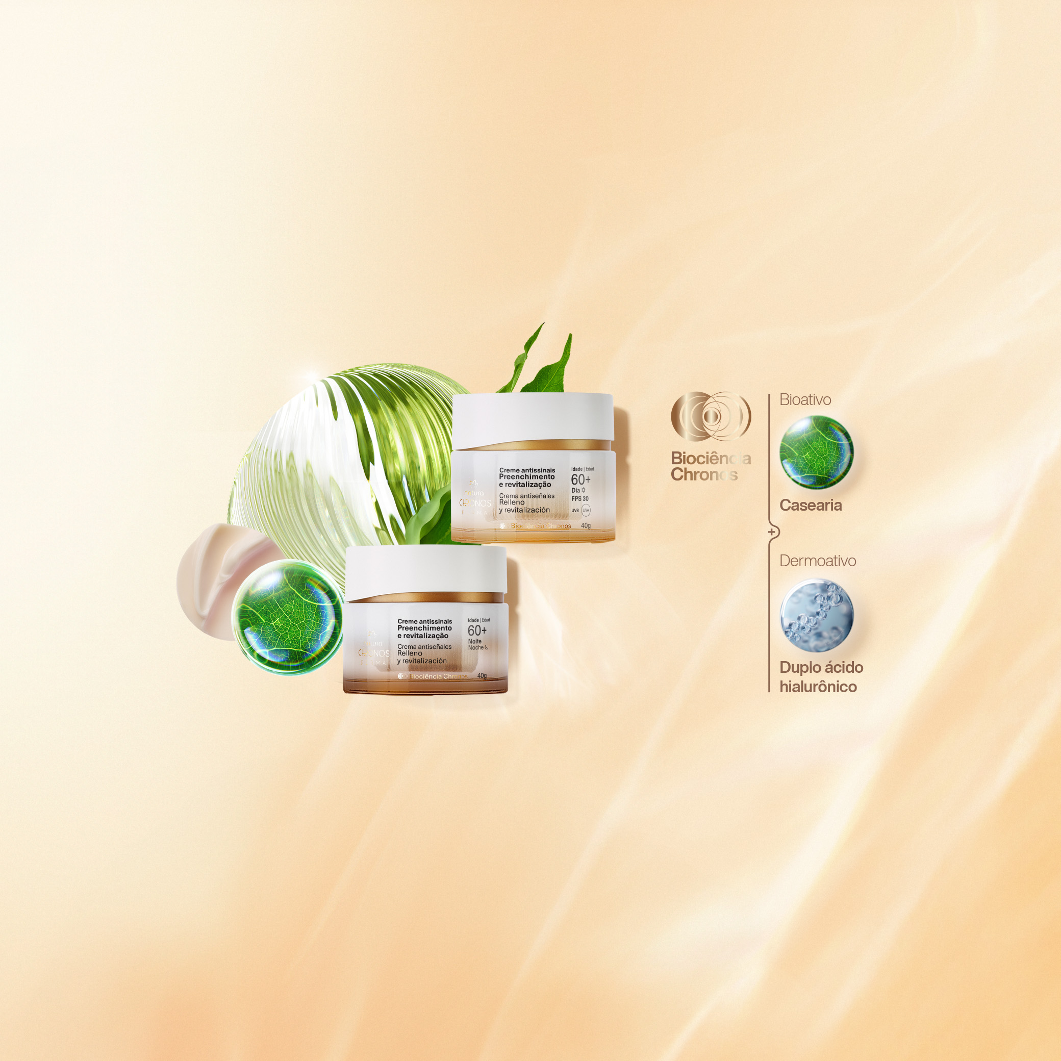 Imagem com dois potes do Creme Antissinais Chronos Derma sobre fundo bege iluminado. Elementos visuais destacam ingredientes, como Casearia (bioativo) e Duplo Áciado Hialurônico (dermoativo).