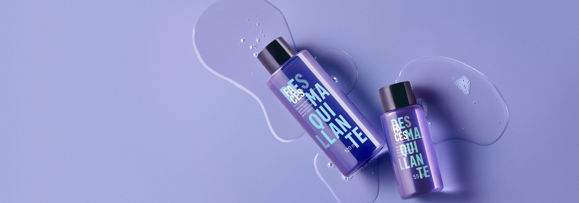 Imagem com fundo em tons de roxo e ao lado direito dois demaquilantes de Natura Faces com textura líquida do produto.