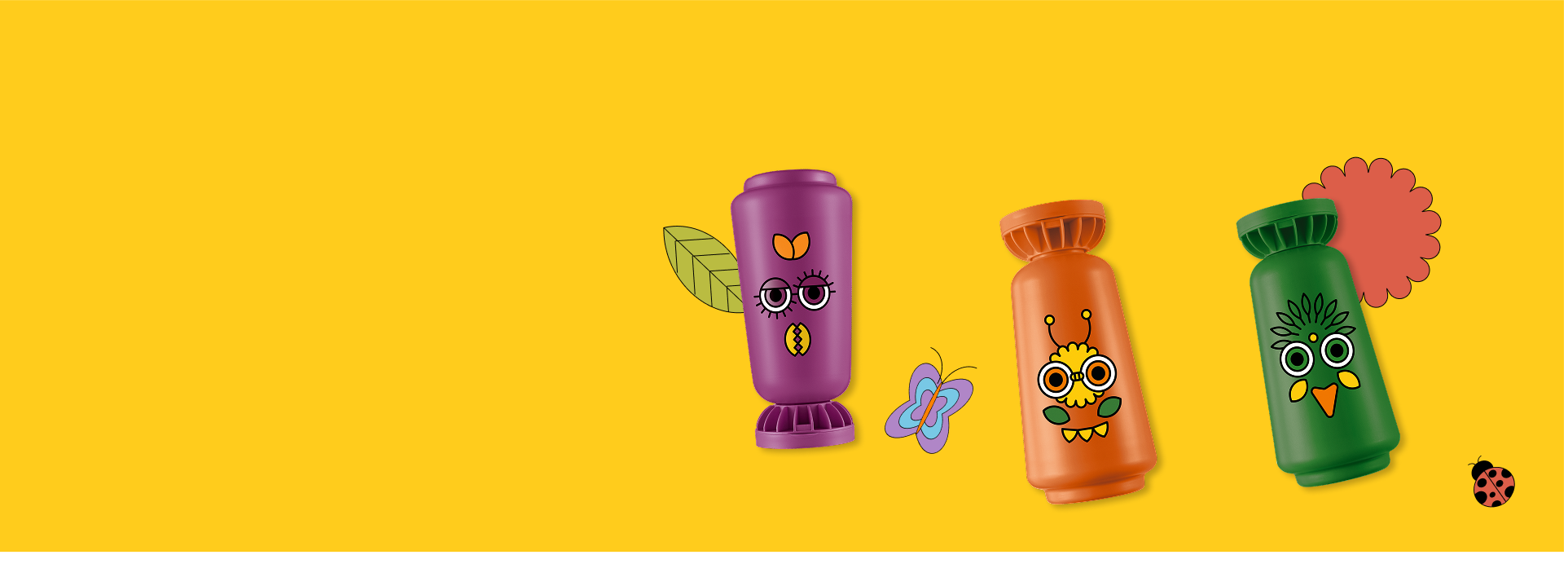 Produtos Natura Naturé com ilustrações de elementos da natureza em fundo amarelo.