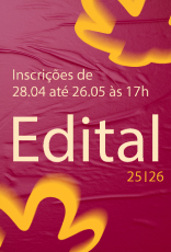 Imagem com inscrições de 28 de abril até 26 de maio às 17h. O fundo é um roxo com rosáceas em amarelo.