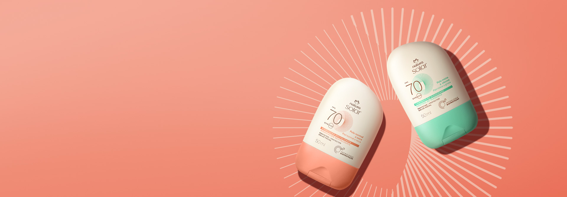 Natura Solar Protetor Solar Facial Pele Normal a Seca FPS UVB 70, com frasco branco e laranja, e Pele Mista a Oleosa FPS UVB 70, com frasco branco e verde, sobre fundo laranja com linhas brancas.